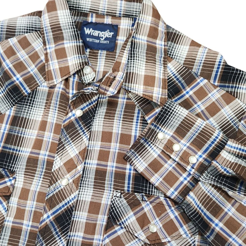 Wrangler Men's M Western Pearl Snap‎ Long Sleeve Plaid Shirt Brown Blue White